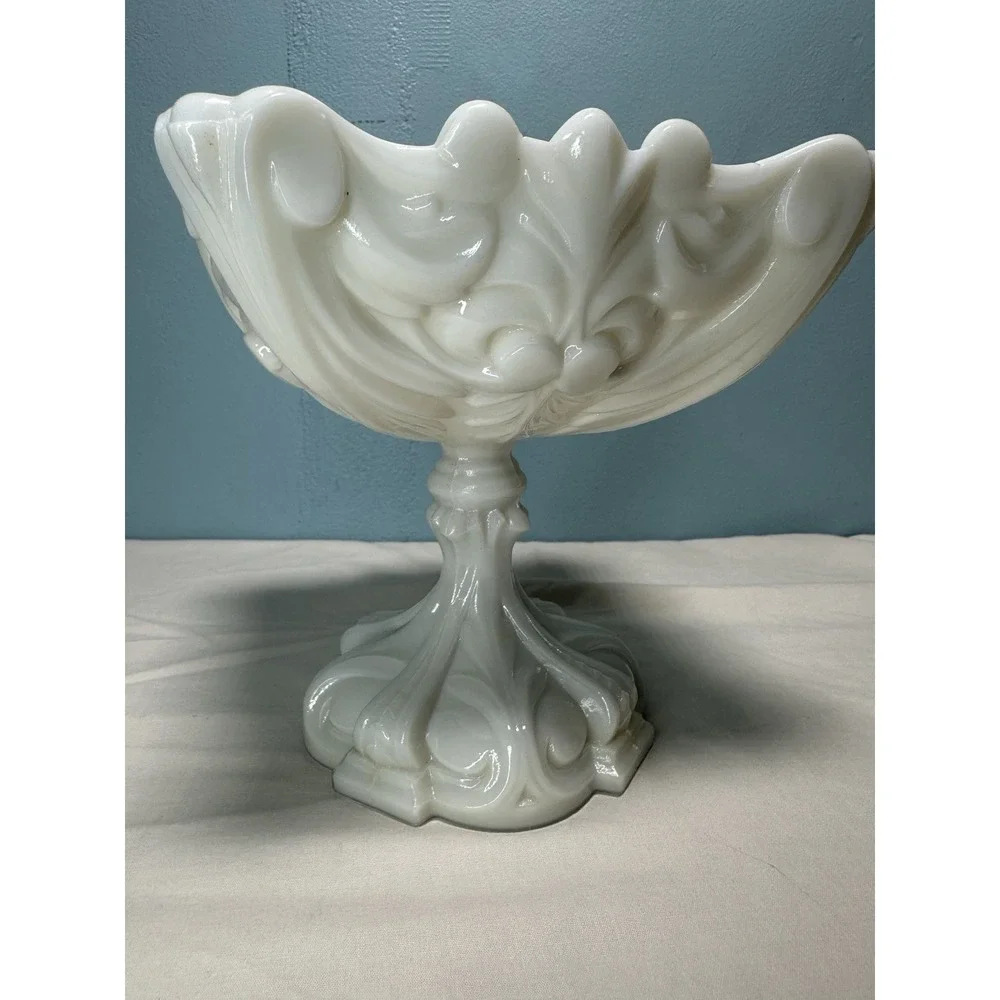 Vintage Portieux Vallerysthal French White Milk Glass Scrolled Compote Dish